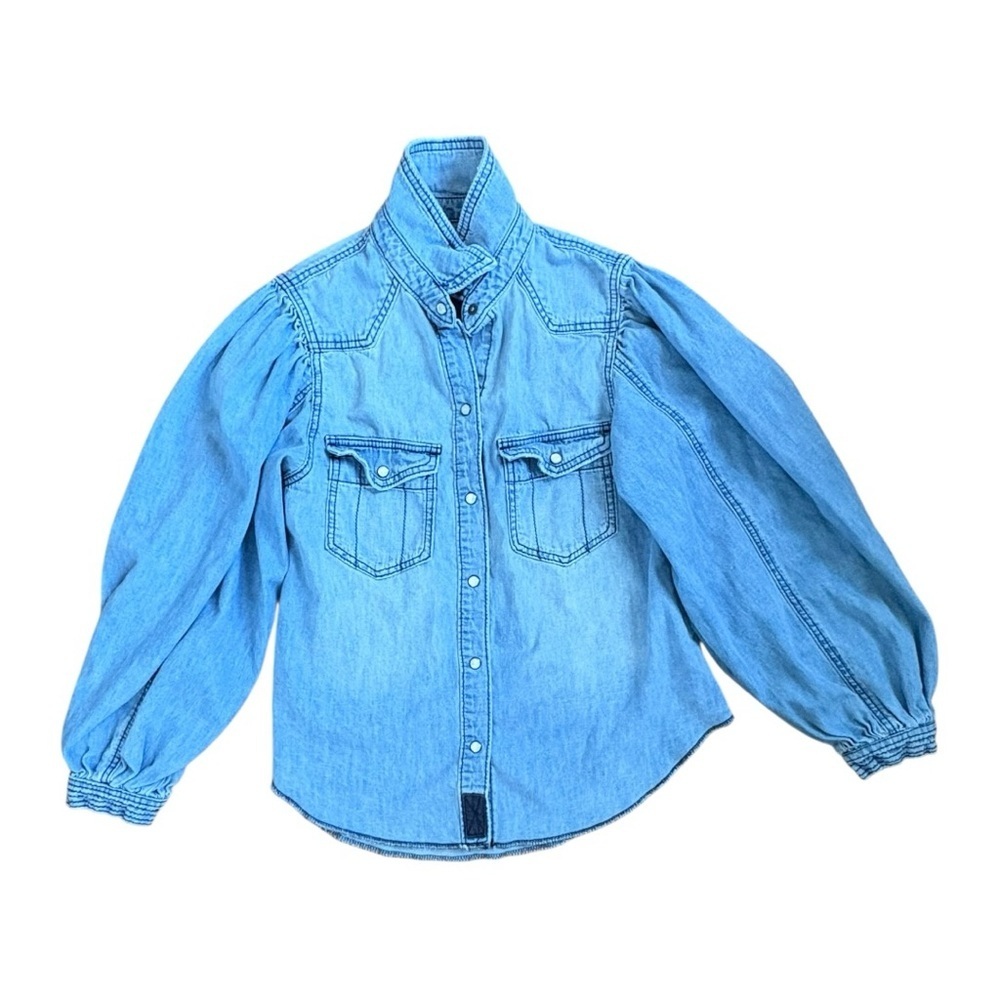 We The Free Denim Button Down Shirt | Puff Sleeve Western Chambray Top | XS